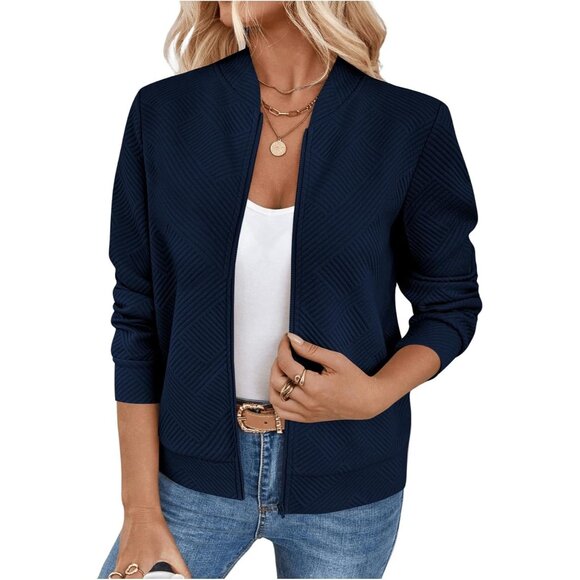 Jackets & Blazers - Women's Zip Up Bomber Jacket Casual Textured Long Sleeve Coat Fall Dark Blue